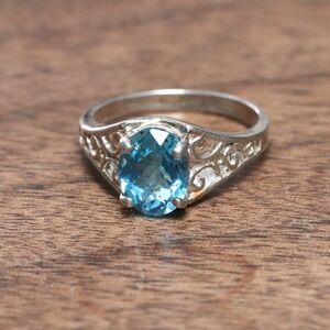 Swiss Blue Topaz Oval Gemstone .925 Sterling Silver Filigree Ring US Size 7